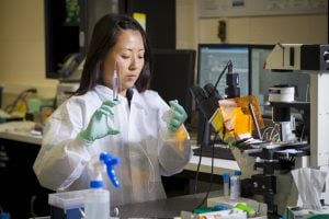 A Johns Hopkins Engineering student tests a lab sample